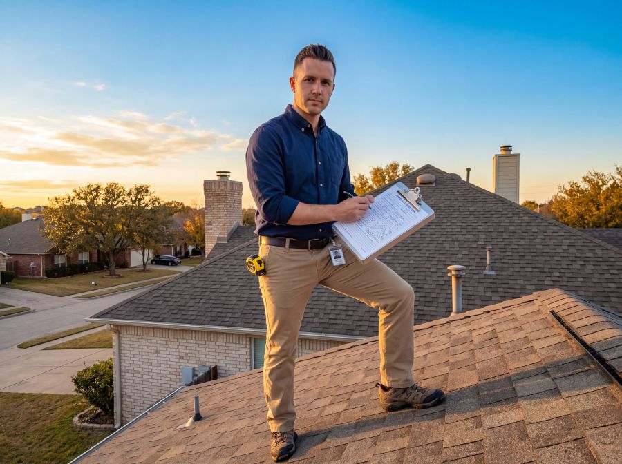 Licensed appraiser conducting roof inspection